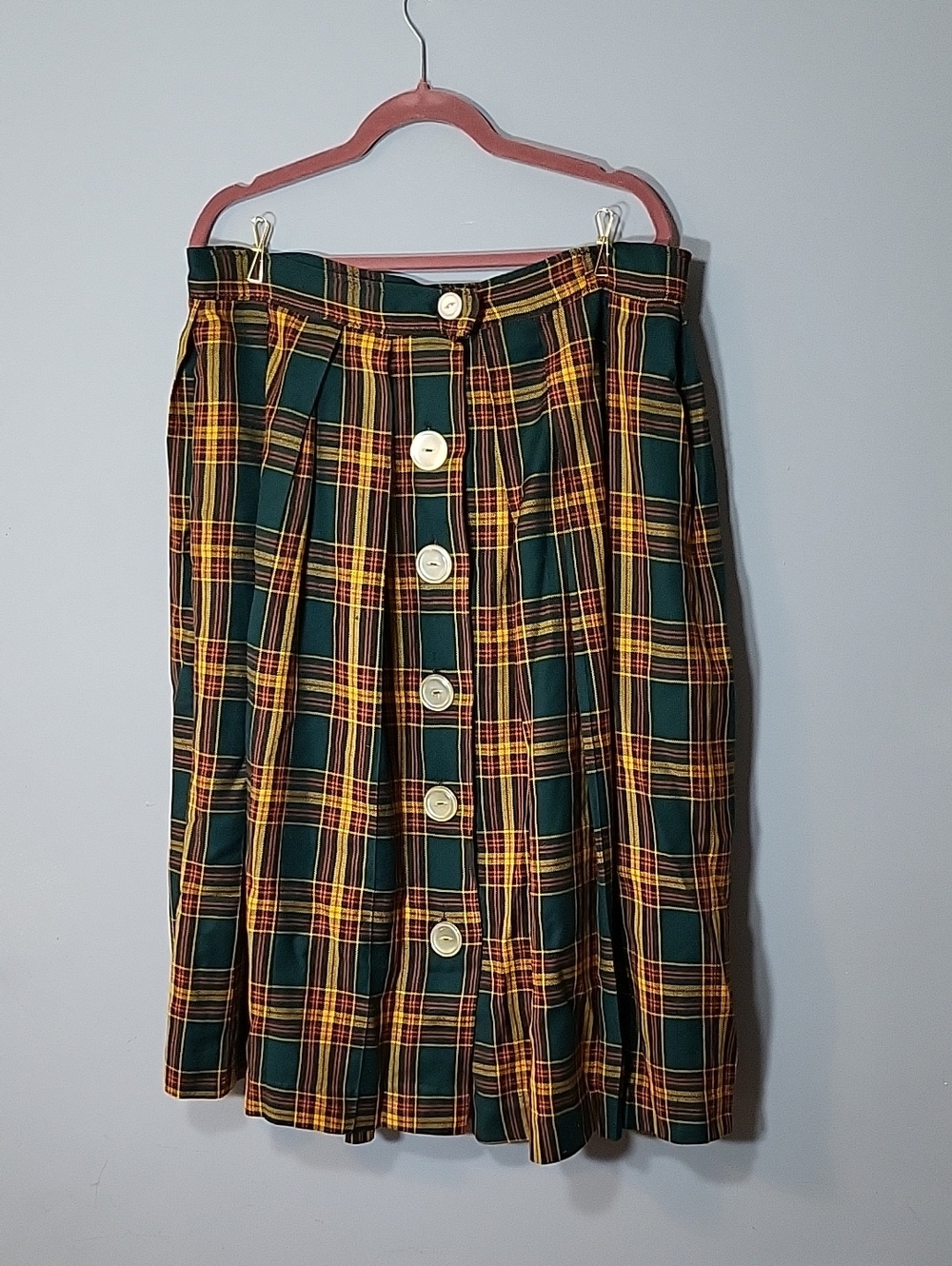 Vintage 19050s Women Size XL Green and Yellow Plaid Button-Front Women's Skirt